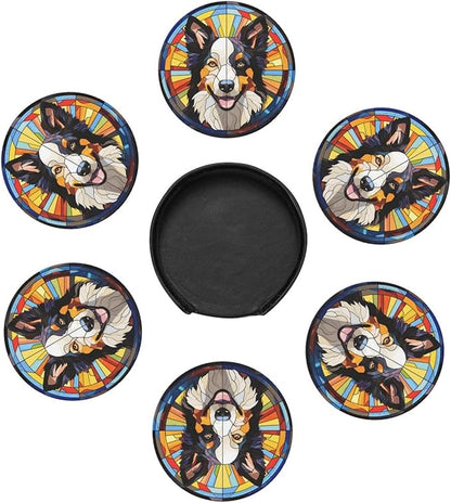 Drink Coaster Set of 6, Border Collie Dog Mom Lover Gift,Leather Drink Coasters with Holder,6 Pack Cup/Bar/Drink Coasters for Table/Drinks/Coffee Protection Housewarming Gift