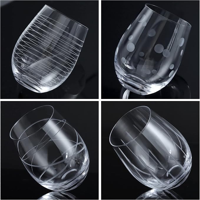 Joeyan Hand Blown Etched Stemless Wine Glasses - Image 6