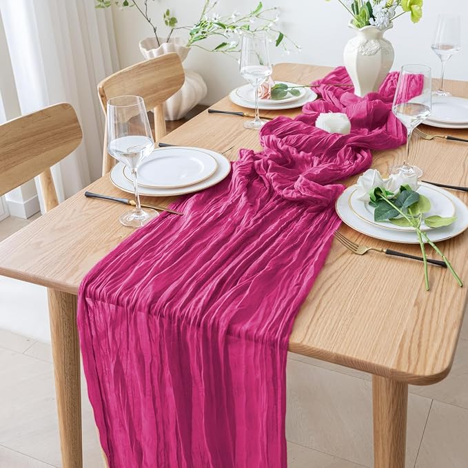 Cheesecloth Table Runner 10FT 2Pcs Fuchsia Boho Gauze Rustic Sheer Runners | - Image 6
