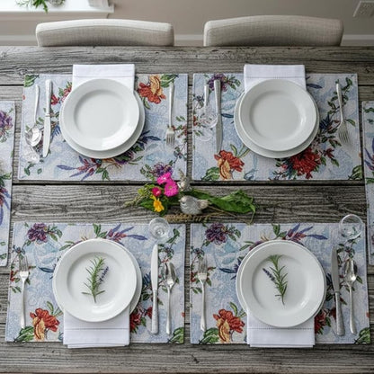 DaDa Bedding Tropical Paradise Floral Blue Roses Placemats - Set of 4 Tapestry Nature Birds Exotic Flowers Botanical Garden Berries - Decorative Linen Woven Kitchen Dining Table Mats - 13” x 19”