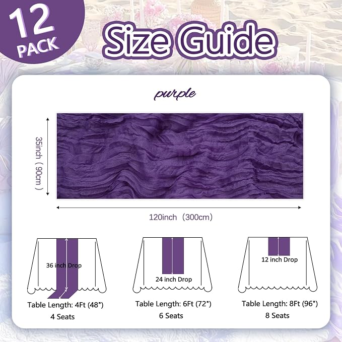 12 Pack Purple Cheesecloth Table Runner 35 x 120 Inch | Boho Gauze Cheese Cloth - Image 2