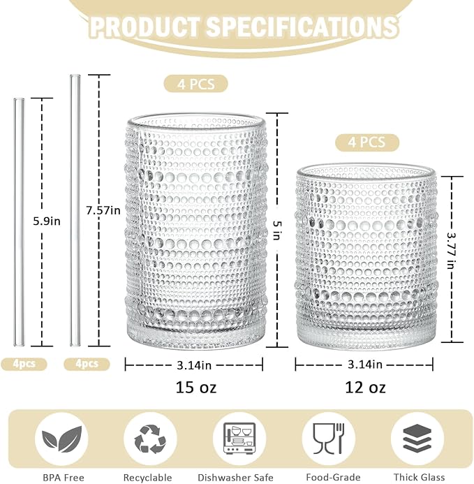 Vintage Hobnail Drinking Glasses Set of 8, 15oz & 12oz Embossed Highball Cups - Image 3