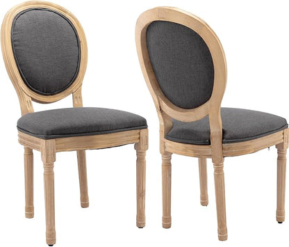 Vintage French Dining Chairs Set of 2, Round Back Accent Chairs with Linen Seat and Solid Wood Frame, Farmhouse Sillas de Comedor Upholstered for Dining Room & Kitchen, Gray