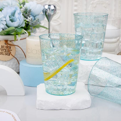 DaYammi 100 Pack 10 oz Blue Plastic Cups Disposable Cups Tumblers, Elegant Blue Glitter Party Drinking Cup Perfect for Wedding, Fancy Disposable Cups Plastic Cocktail Glasses Wine Glasses for Party