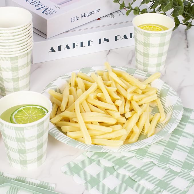 Vyntra 175 Pcs Sage Green & White Checkered Gingham Paper Plates and Napkins Set - Image 6