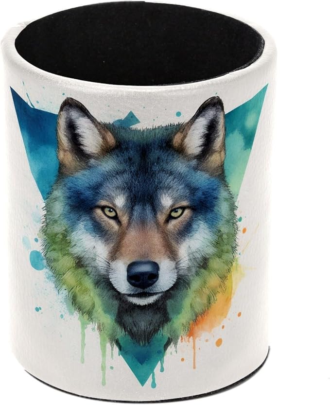 Leather Pen Holder for Desk, Watercolor Wolf Pencil Cup Pen Organizer Makeup by Unknown