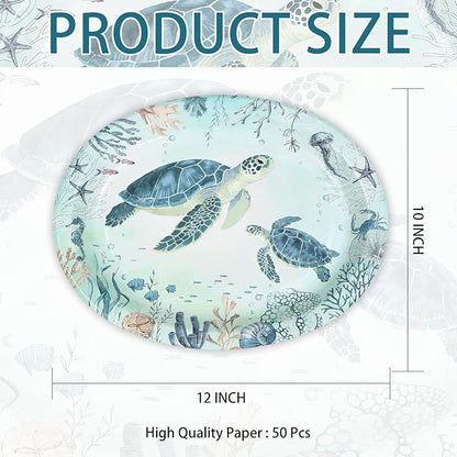50Pcs Coastal Turtle Oval Paper Plates 10" X 12" Large Disposable Heavy Duty Ocean Blue Sea Turtles Paper Platters Sea Coral Starfish Plates for Holiday Summer Birthday Party Supplies