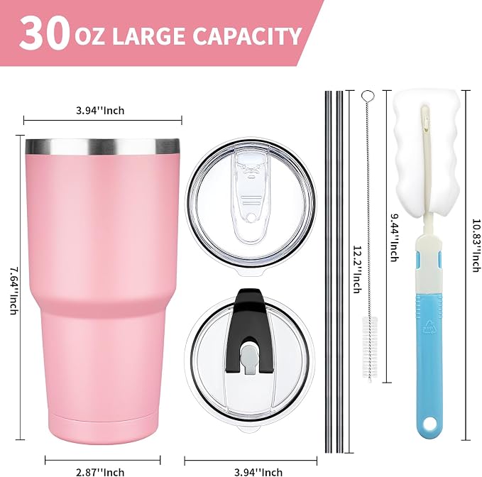 30 oz Tumbler with Lids and Straws, Stainless Steel Insulated Coffee Tumbler - Image 2