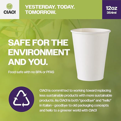 CIAO! 12oz White Paper Hot Cup, Disposable, 90mm Diameter 1,000 Count