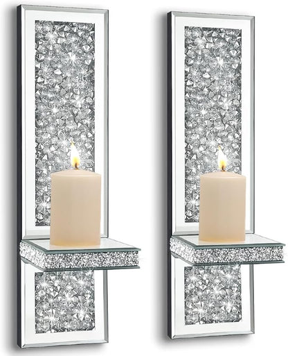 Pibeyer Crystal Crush Diamond Wall Candle Holder Set of 2, Silver Mirrored Candle Sconces, Home Wall Decoration for Living Room,Dining Room & Bedroom