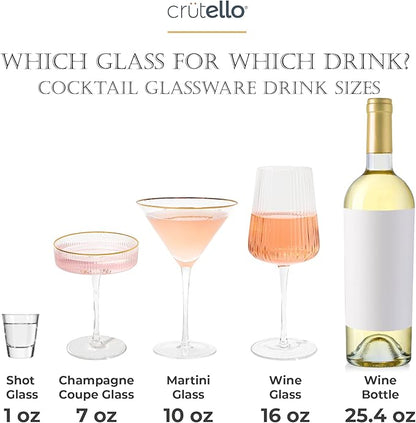 Crutello Modern Wine Glasses - 17 oz Unique Fluted Glassware with Vintage Ribbed Glassware Texture and Gold Rim, Art Deco Red or Fancy White Wine Glasses - Set of 4