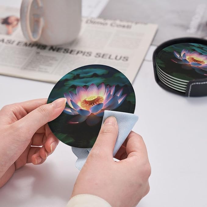 6Pcs PU Leather Coaster for Drinks, Lakeside Flowers Cup Coasters - Image 4