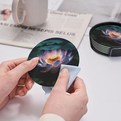 6Pcs PU Leather Coaster for Drinks, Lakeside Flowers Cup Coasters - Image 4