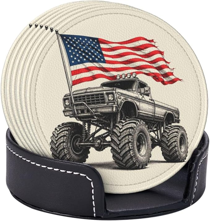 Patriotic Monster Truck Flag Art Leather Coasters Set of 6 - Image 2