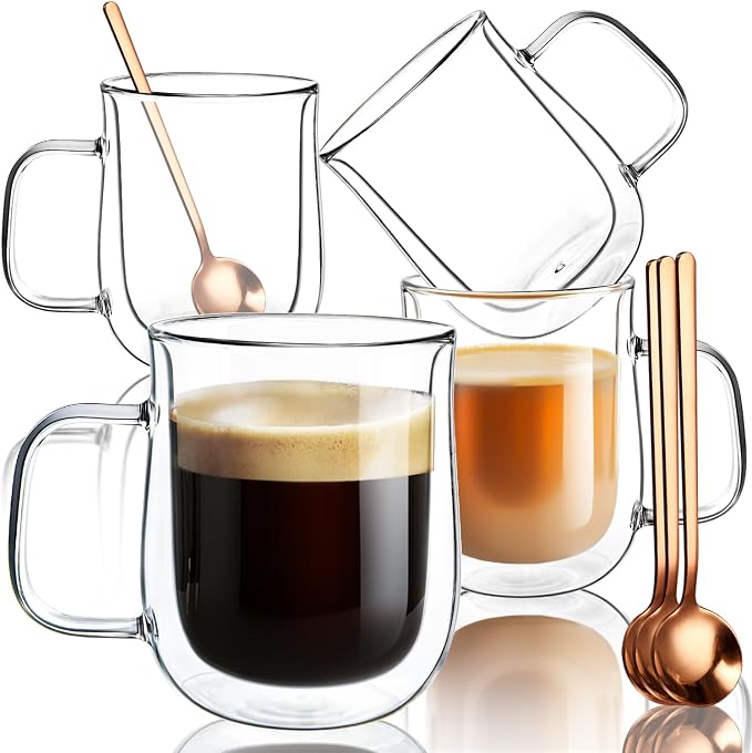 Double Walled Glass Coffee Mugs 12 oz, Glass Coffee Cups Set of 4 by COMOME