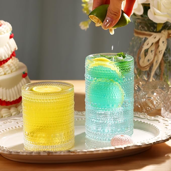 Moretoes 2pcs Hobnail Drinking Glasses, Vintage Glass Cups Set | 12 Oz Highball - Image 2