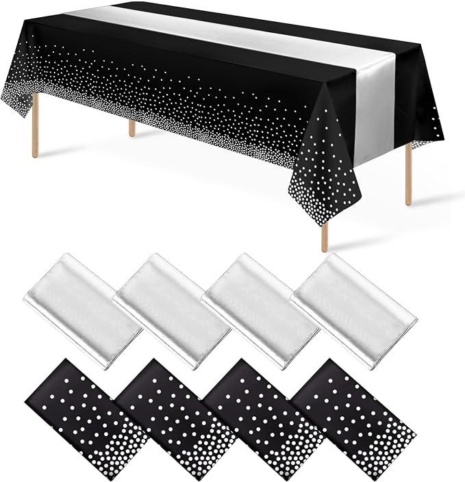 8Pack Disposable Plastic Tablecloths and Satin Table Runner Set Black and by MASHAN