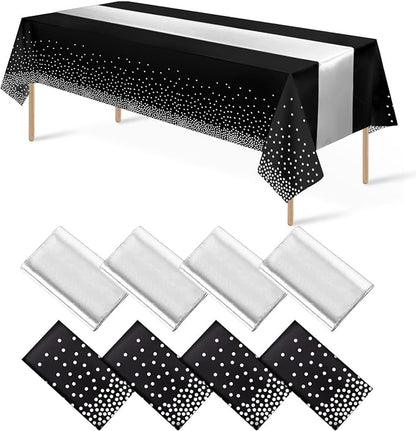 8Pack Disposable Plastic Tablecloths and Satin Table Runner Set Black and by MASHAN