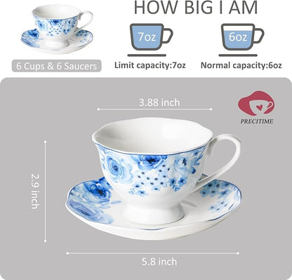 6oz Porcelain Tea Cup and Saucer Set of 6, Classic Blue Floral | Classic blue - Image 2