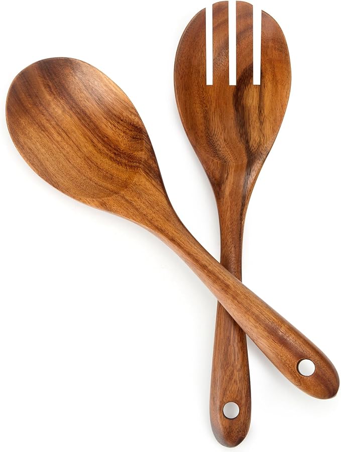 Teak Wooden Salad Spoon and Fork10.2-Inch, Wooden Salad Spoons and Sporks Set by masteymoh