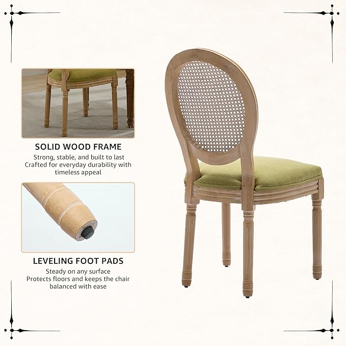 Vintage French Rattan Dining Chairs Set of 8, Round Back Accent Chairs with Rattan Backrest and Upholstered Linen Seat, Solid Frame Wood Sillas de Comedor for Dining Room & Kitchen, Olive Green