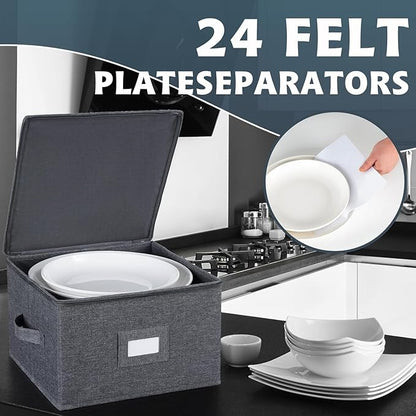 China Storage Containers Hard Shell Inside 13" W x 8" H, Charger Plate Storage Containers for Dishes, Dinnerware with 24 Felt Dividers, Hold 24 Plates, Stackable (2 Pack Grey)