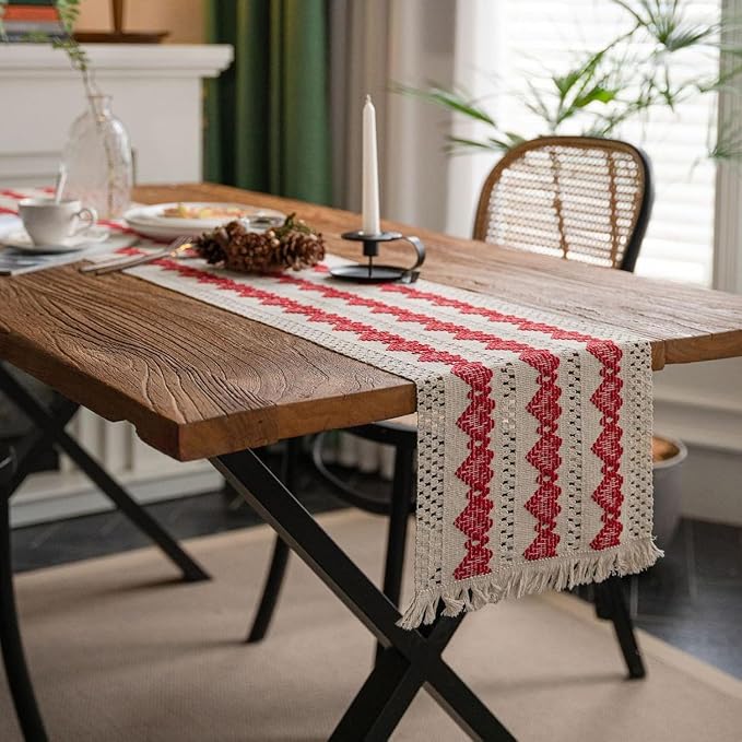 Macrame Table Runner Beige and Red Heart Table Runners - Image 3