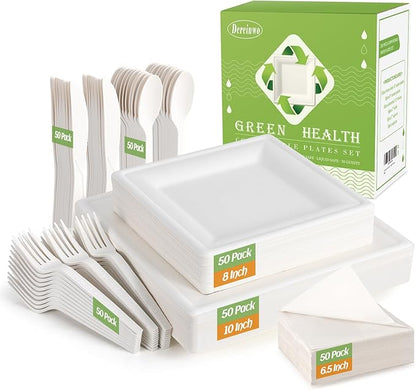 Compostable Disposable Paper Plates Set -[300 Pcs]10 inch 8 inch Heavy Duty Biodegradable Square Plates and Spoons,Forks,Knives,Napkins-Eco-Friendly Party Bulk