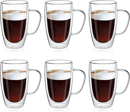 MEWAY 16oz/6 pack Coffee Mugs, Thickened Clear Glass Double Wall Cup by MEWAY