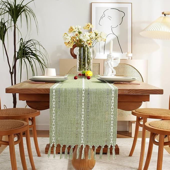 Wracra Rustic Linen Table Runner, Sage Green Table Runners 36 inches Long | by Wracra