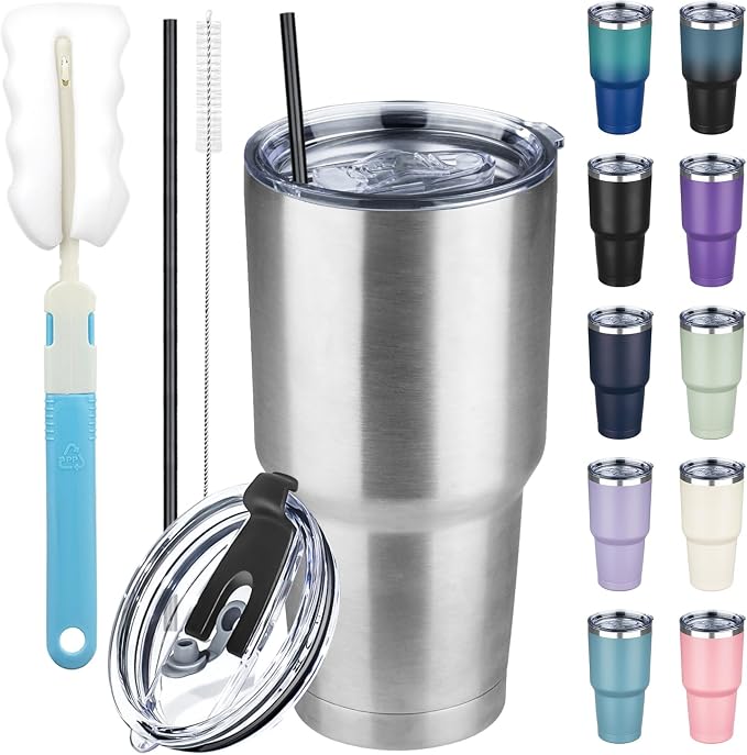 30 oz Tumbler with Lids and Straws, Stainless Steel Insulated Coffee Tumbler by GUDEMAO