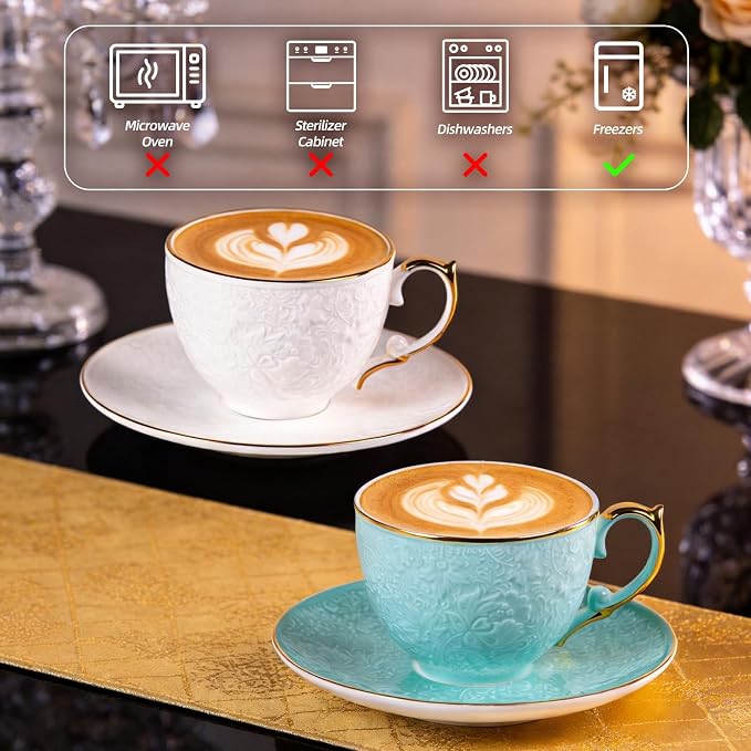 KAMMAK Tea Cups and Saucers Set of 2, Fine Bone China Coffee Cups, GH021 | - Image 6