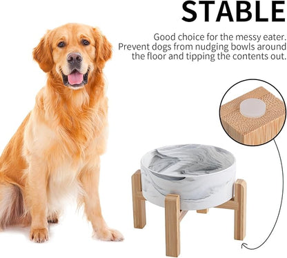 Elevated/Raised Dog Bowl Ceramic with Wood Stand for Small Medium Breed,Dog Food Water Dish Heavy, 6 in Non Slip Modern Cute Porcelain Pet Bowl Marble Grey