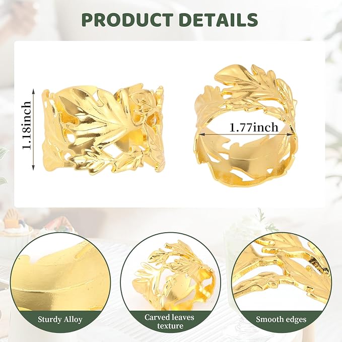12 Pcs Gold Leaf Napkin Rings Set, Hollow-Out Golden Leaves Napkins Rings - Image 3