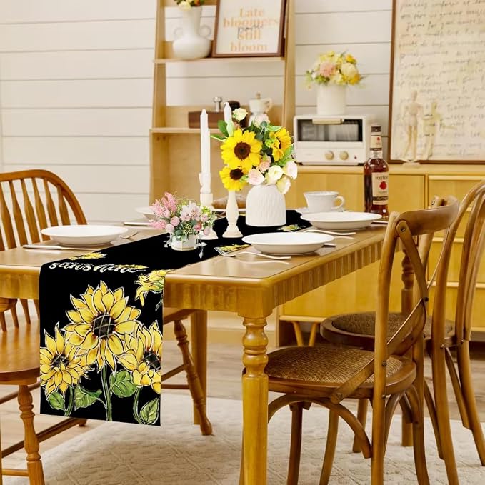 Summer Sunflower Hello Sunshine Table Runner Farmhouse Burlap Table Runners - Image 2