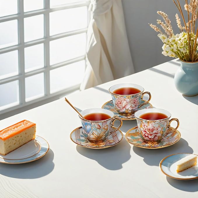 Tea Cups and Saucers Set of 6, 8 OZ Ceramic Tea Cups - Image 6