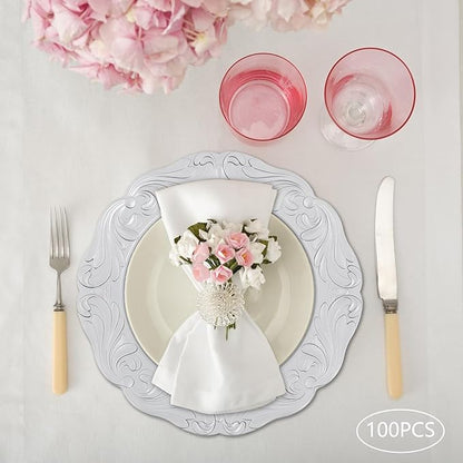 Charger Plates, 100pcs Silver 13inch Plastic Dinner Plate, Round Plastic Dinner Plate with Delicate Texture for Parties Wedding (Silver)