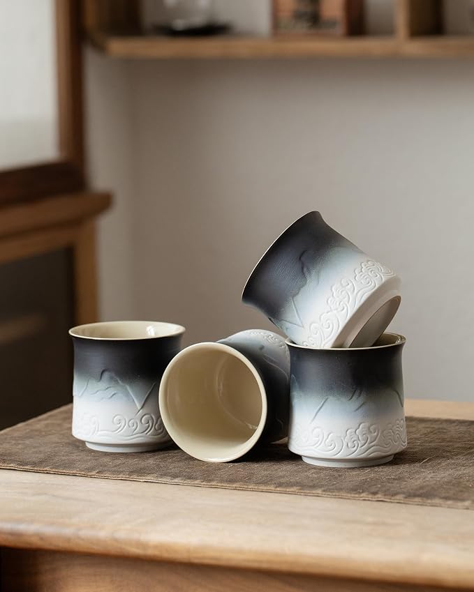 ZENS Japanese Tea Cup Set of 4, 8 oz Gradient Embossed Ceramic Japan Tea Cups - Image 7