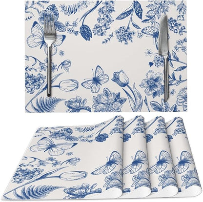 Vintage Flower Butterfly Placemats Set of 4 Washable Table Place Mats for Dining Kitchen Party Decor