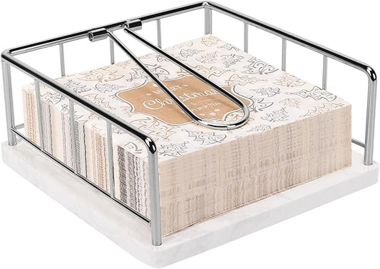 Livabber Flat Napkin Holder, Metal Kitchen Napkin Storage with Weighted Tension Arm Rustic Tissue Paper Dispenser for Countertop, Table Kitchen, Dining Room (With Marble Base, Chrome)
