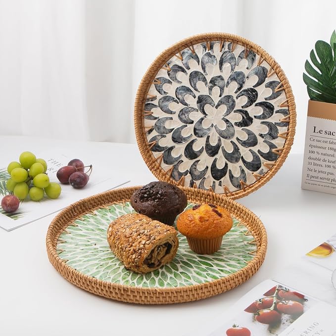 Round Rattan Tray with Mother of Pearl Inlay, Wooden Base | Coffee Table - Image 5
