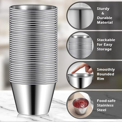 Mimorou 100 Pcs 2.5oz Metal Ramekins Stainless Steel Sauce Dipping Cups Ramekins Bulk Sauce Container Round Dipping Bowls Condiment Cup for Dish Butter Kitchen Restaurant Serving Party Dinner Cooking