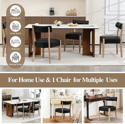 Modern Black Dining Chairs Set of 4 – Mid-Century Modern Faux Leather Upholstered Kitchen & Dining Room Chairs with Curved Back, Oversized Rounded Seat, and Sturdy Wood Frame
