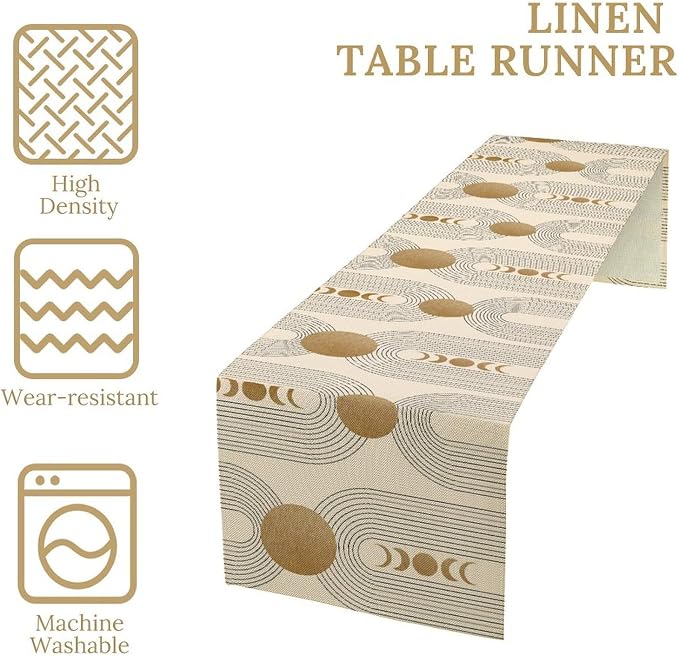 YCness Boho Table Runner Mid Century Modern Style Abstract Geometrical Gold - Image 5