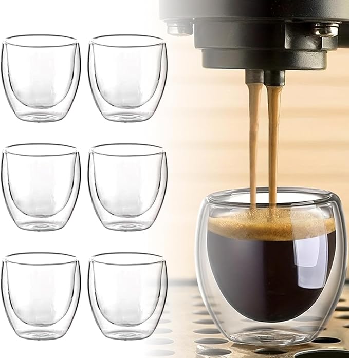 6pcs Double Wall Espresso Cups, 3 Ounce Glass Coffee Mugs, Insulated Small by Unknown