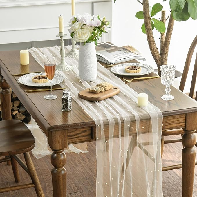 Artoid Mode 3PCS Pearl Beige Gauze Table Runner 120 Inch 10FT, Seasonal Sheer Dining Holiday Wedding Birthday Baby Shower Table Decor for Home Party