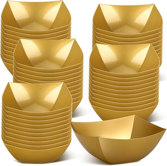 Tanlade 50 Pcs Square Plastic Serving Bowls Disposable Snack Salad Bowl Small Party Candy Bar Containers Taco Bar Serving Dishes for Buffet Chips Fruit(12 oz,Gold)