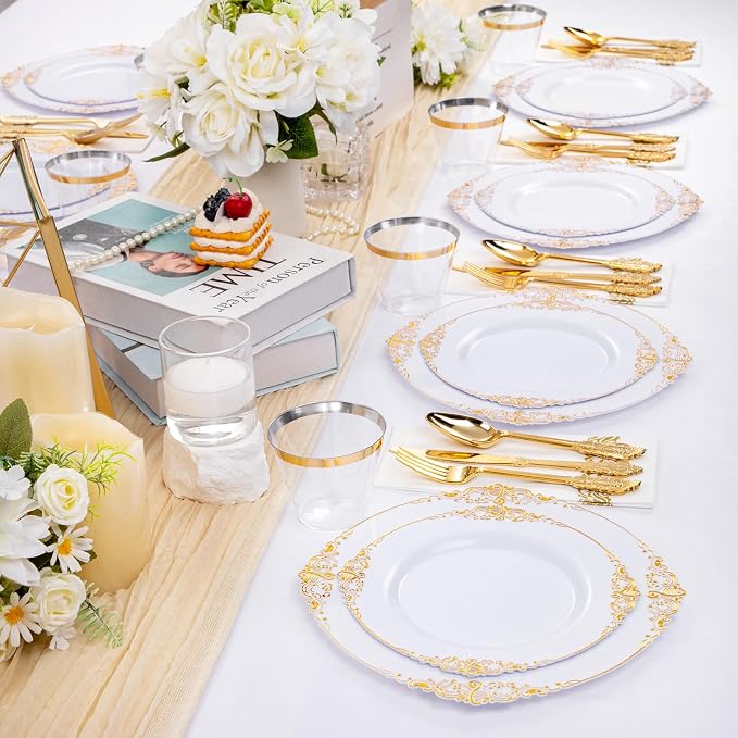 350 Pcs White Gold Plates for Wedding | White Party Plates Set for 50 Guests - Image 5