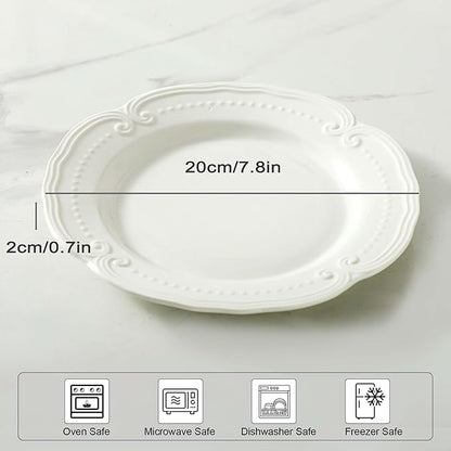 Neaylfe Embossed Salad Plates, 7.8 Inch White Ceramic Plates, The Dessert, Salad, Appetizer, Small Lunch, etc Plate, Restaurant Kitchen Dish, Microwave, Oven, and Dishwasher Safe - Set of 8