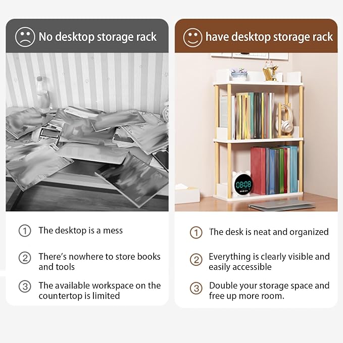 Desktop Organizer Shelf, Multi Tier Wood Tabletop Bookshelf, Space Saving Countertop Storage Rack for Office, Bedroom, Living Room(Light Walnut,11.8 * 7.8 * 26.7in)